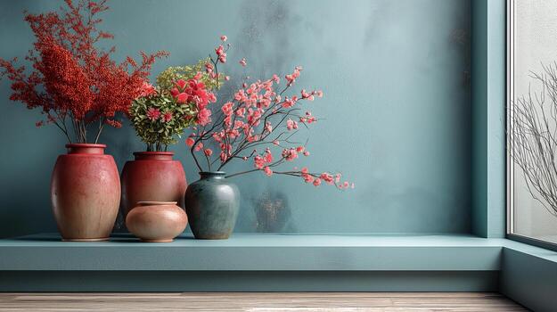 elegante flor floreros en turquesa estante foto