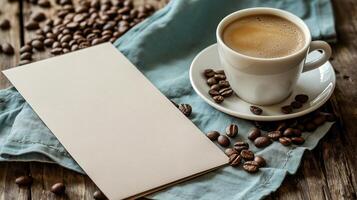 Close-up of coffee cup and coffee beans on Empty brown wooden table and Coffee shop interior with Mock-up Menu frame photo