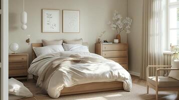 A cozy Scandinavian-style bedroom with light wood furnishings, soft textiles, and a neutral color palette. photo