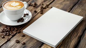 Close-up of coffee cup and coffee beans on Empty brown wooden table and Coffee shop interior with Mock-up Menu frame photo