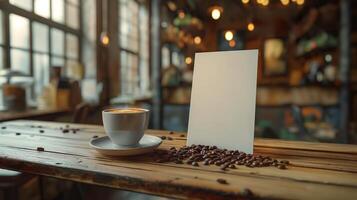 Close-up of coffee cup and coffee beans on Empty brown wooden table and Coffee shop interior with Mock-up Menu frame photo