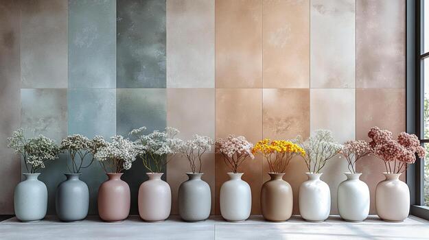 floreros con flores en contra texturizado pared foto