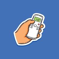 holding the ac remote control, turn on the ac remote cartoon sticker design illustration isolated in a blue background. Air Condition. Remote control of air conditioner. Temperature adjustment. vector