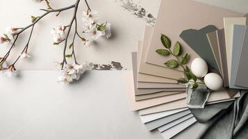 Spring Blossoms and Pastel Swatches on Textured Background photo