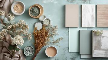 A carefully curated still life featuring dried flowers, natural elements, and textured fabric samples, arranged on a pastel-colored background, creating a soft and artistic visual. photo