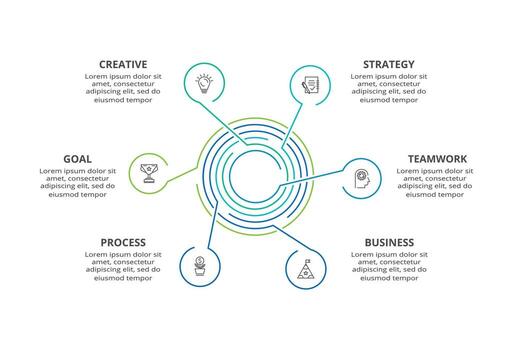 Line infographic with 6 steps, options, parts or processes. Business data visualization vector