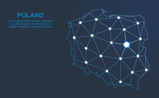 Poland communication network map. low poly image of a global map with lights in the form of cities in or population density consisting of points and shapes in the form of stars and space. vector
