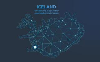 Iceland communication network map. low poly image of a global map with lights in the form of cities. Map in the form of a constellation, mute and stars vector