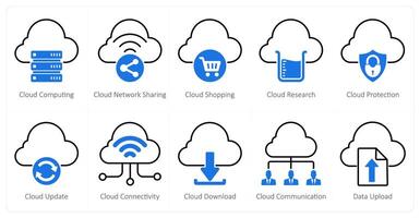 A set of 10 seo icons as cloud computing, cloud network sharing, cloud shopping vector