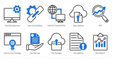 A set of 10 seo icons as seo development, seo link building, internet connectivity vector