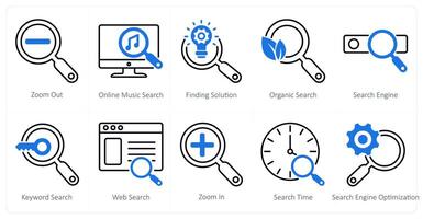 A set of 10 seo icons as zoom out, online music search, finding solution vector