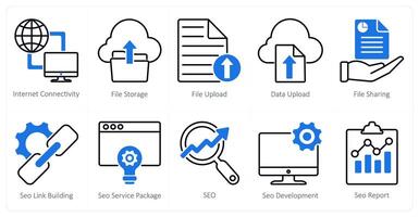 A set of 10 seo icons as internet connectivity, file storage, file upload vector