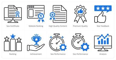 A set of 10 seo icons as seo certificate, website ranking, high quality content vector