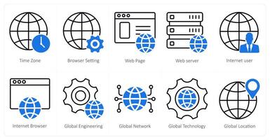 A set of 10 seo icons as time zone, browser setting, webpage vector