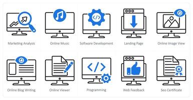 A set of 10 seo icons as marketing analysis, online music, software development vector