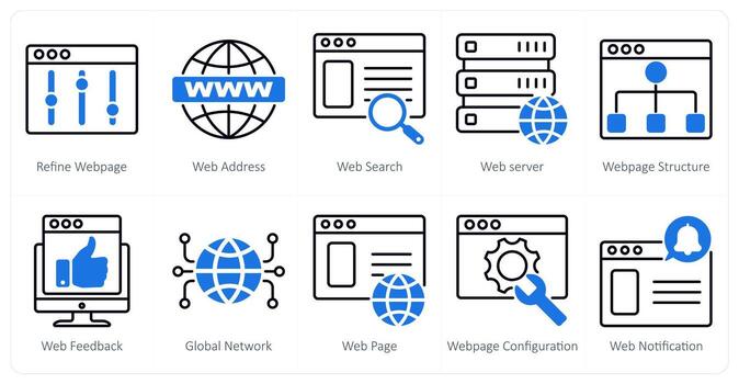 A set of 10 seo icons as refine webpage, web address, web search vector