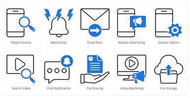 A set of 10 seo icons as mobile search, notification, email sent, mobile advertising vector