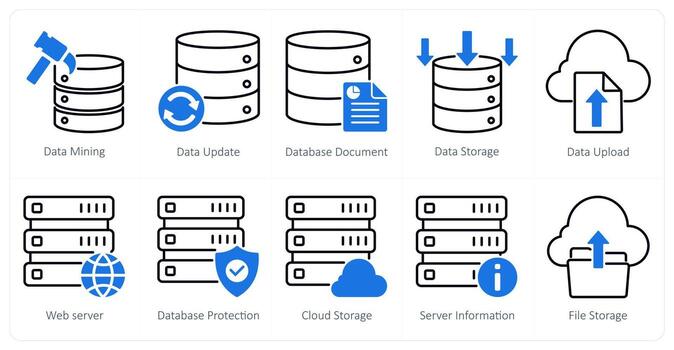 un conjunto de 10 seo íconos como datos minería, datos actualizar, base de datos documento vector
