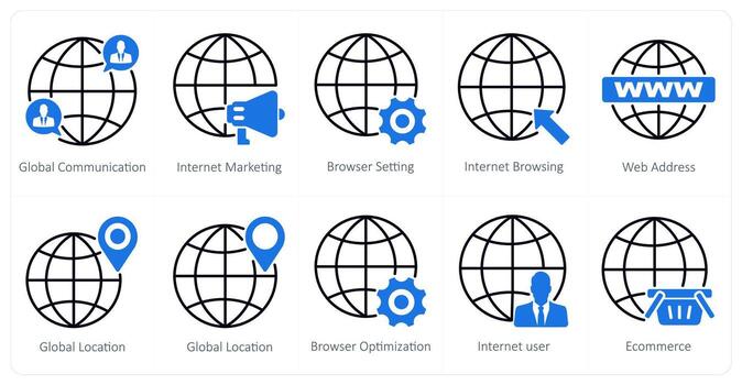 A set of 10 seo icons as global communication, internet marketing, browser setting vector