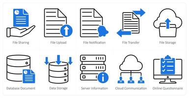 A set of 10 seo icons as file sharing, file upload, file notification vector