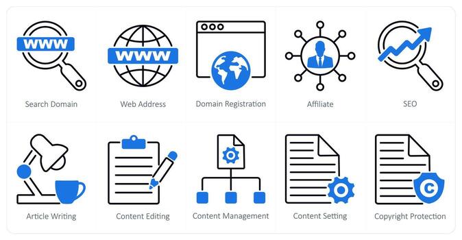 A set of 10 seo icons as search domain, web address, domain registration vector