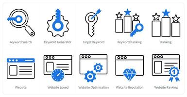A set of 10 seo icons as keyword search, keyword generator, target keyword vector
