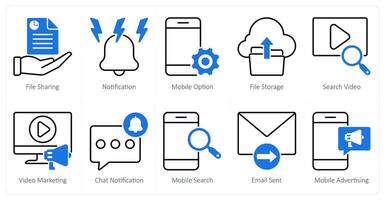 A set of 10 seo icons as file sharing, notification, mobile option vector