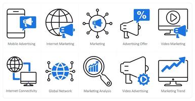 A set of 10 seo icons as mobile advertising, internet marketing, marketing vector