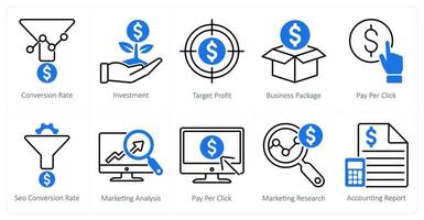 A set of 10 seo icons as conversion rate, investment, target profit vector