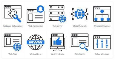 A set of 10 seo icons as webpage configuration, web notification, web server vector