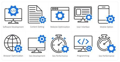 A set of 10 seo icons as software development, content setting, website optimization vector