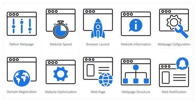 A set of 10 seo icons as refine weboage, website speed, browser launch vector
