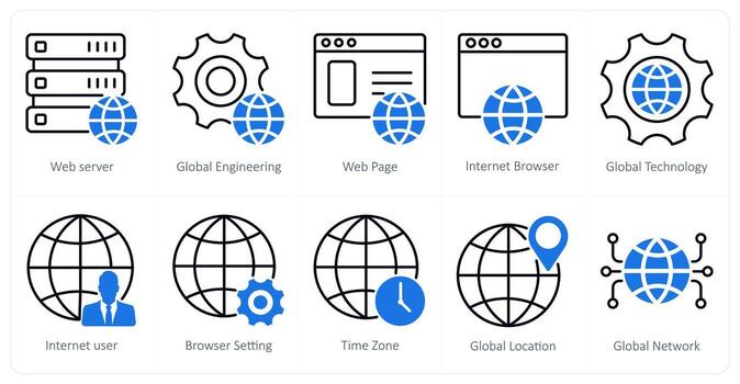 A set of 10 seo icons as web server, global engineering, webpage vector