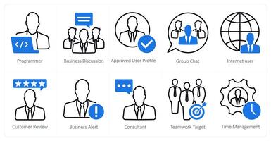 A set of 10 seo icons as programmer, business discussion, approved user profile vector