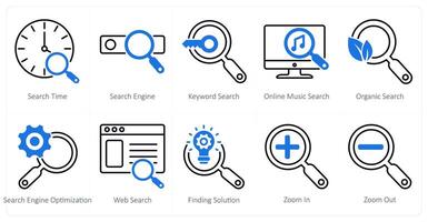 A set of 10 seo icons as search time, search engine, keyword search vector