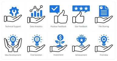 A set of 10 seo icons as technical support, data analytics, positive feedback vector