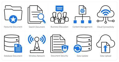 A set of 10 seo icons as favorite document, search document, business discussion vector