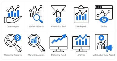 A set of 10 seo icons as data analytics, market research, conversion rate vector