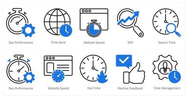 A set of 10 seo icons as seo performance, time zone, website speed vector