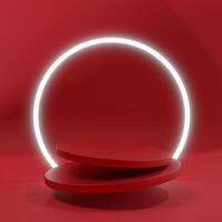 3d render of floating red thin tube podium with glowing ring lights photo