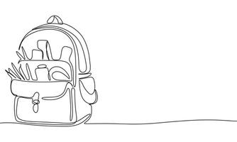 Backpack one line continuous. Backpack with stationary line art. Hand drawn art. vector