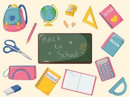 back to school, school and education cute stickers template set, textbooks, stationery supply, objects, pencil, backpack, pencil box, ruler, calculator, sharpener, scissors, globe, eraser vector