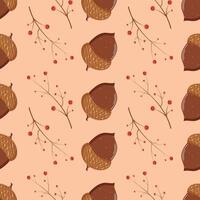 Autumn leaves seamless pattern in hand drawn style, brown acorn and rowanberry vector
