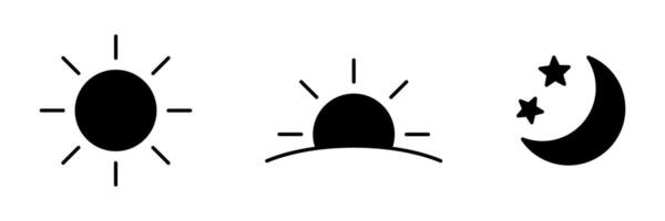 Time of the day signs. Rising and setting sun icon, crescent moon and stars, day and night time symbols. vector