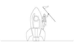 Continuous one line drawing of businessman raising flag on rocket, successful startup, making profit from new business concept, single line art. vector