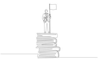 Continuous one line drawing of businessman holding flag standing on document files, success in completing multitasks, professional in managing busy work concept, single line art. vector