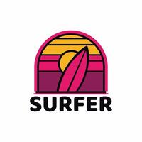 surfer logo with a combination of a man, waves, beach, palm, vector