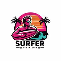 surfer logo with a combination of a man, waves, beach, palm, vector