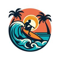 surfer logo with a combination of a man, waves, beach, palm vector