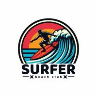 surfer logo with a combination of a man, waves, beach, palm, vector